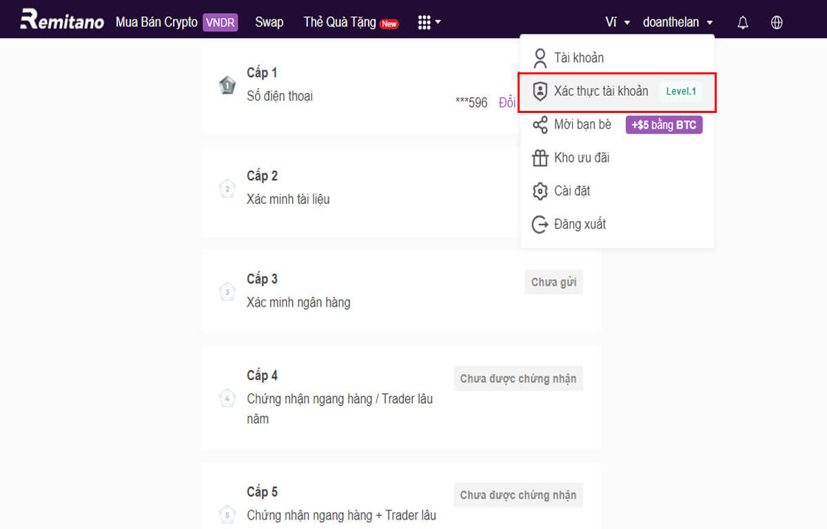 Xác thực tài khoản Remitano để mua USDT nạp tiền Iwin