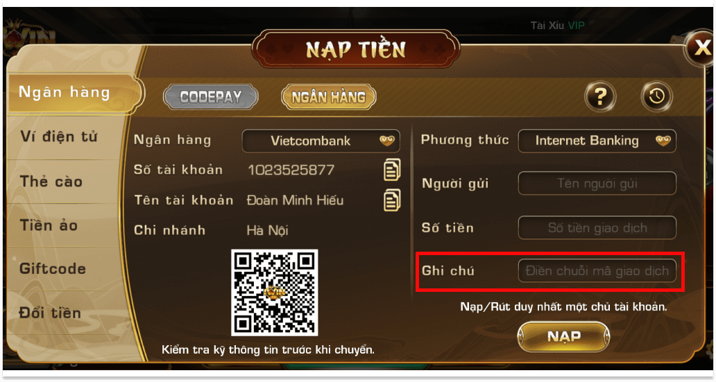 Yêu cầu điền mã giao dịch Vietcombank khi nạp tiền Iwin Club
