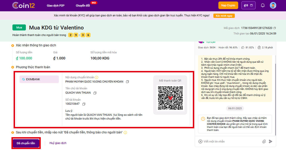 Giao dịch mua đồng KDG tại sàn Coin 12 thành công