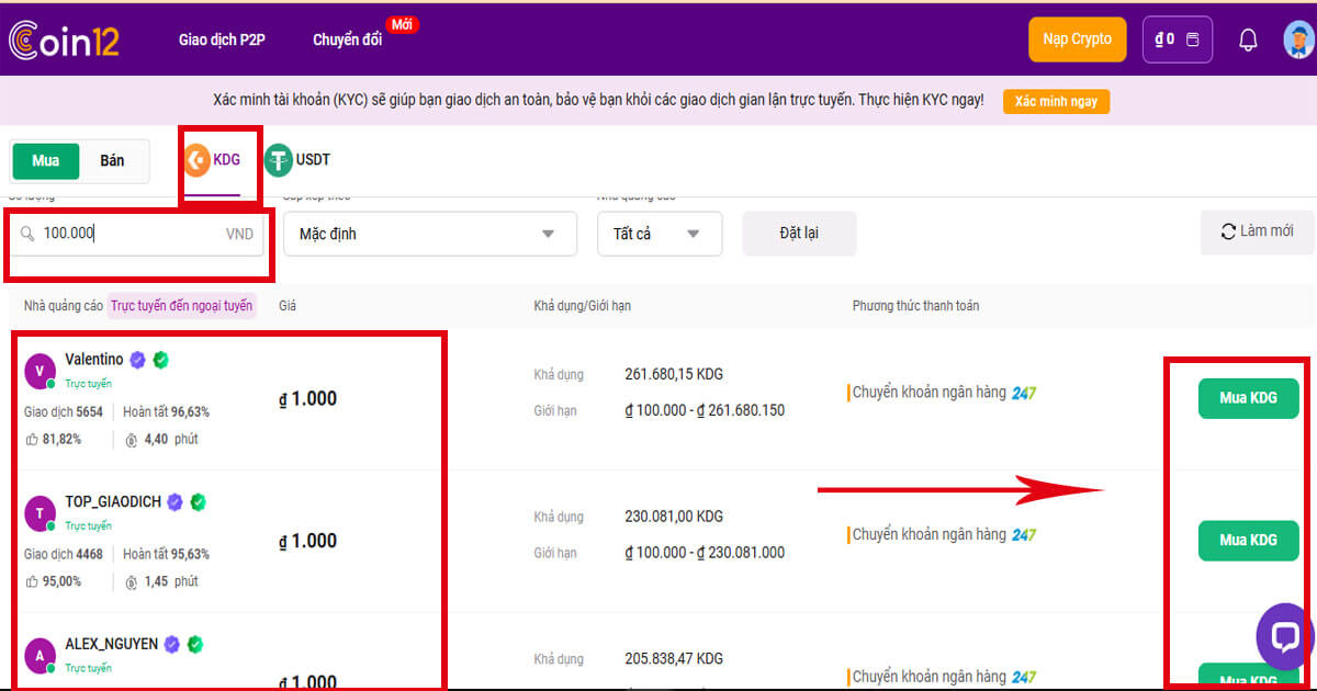 Tiến hành mua đồng tiền KDG